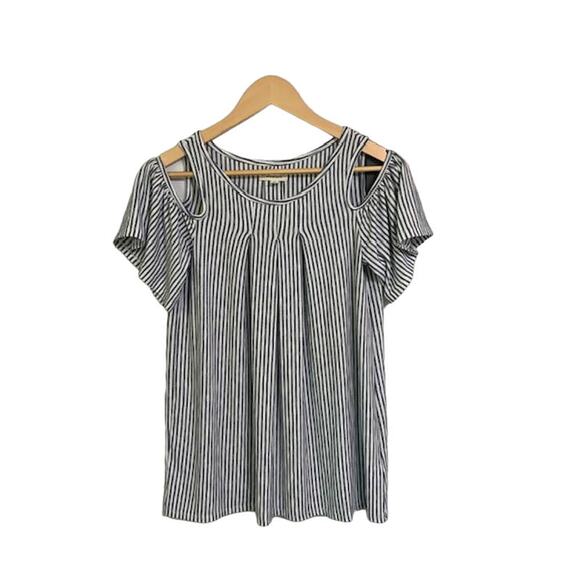 MAX STUDIO Cold Shoulder White Blue Stripe Top | XS - Picture 2 of 5